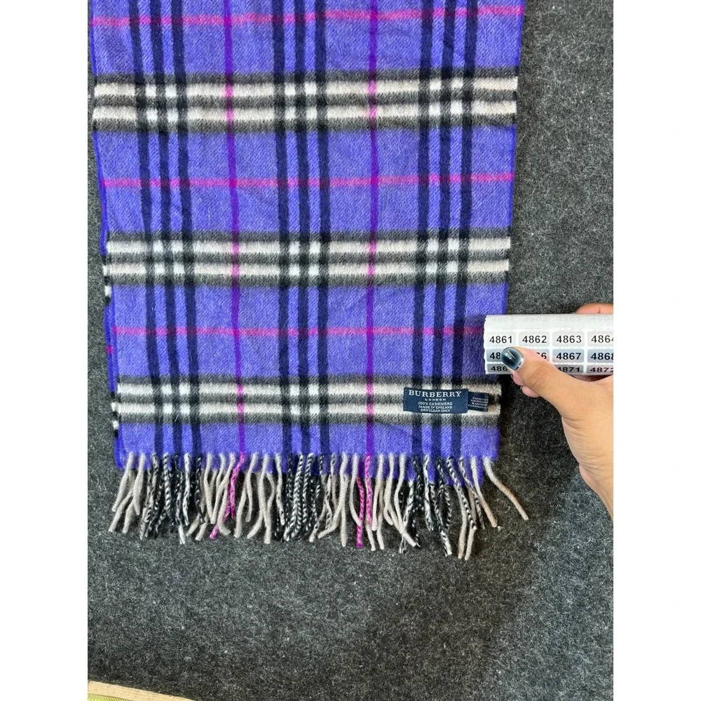 Burberry London Cashmere Scarf Womens Purple Plaid Fringed Neck Wrap Cozy Preppy